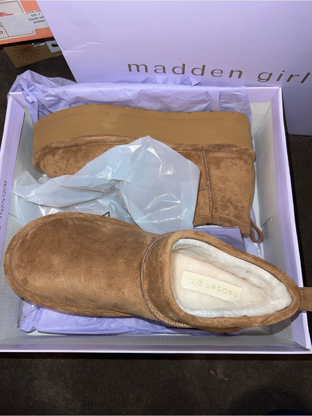 Madden Girl Tan Suede Faux-Shearling Platform Slip-On Boots